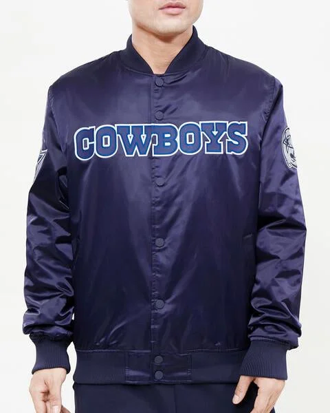 Lounge Chic NFL DALLAS COWBOYS WORDMARK MEN'S SATIN JACKET (MIDNIGHT NAVY)