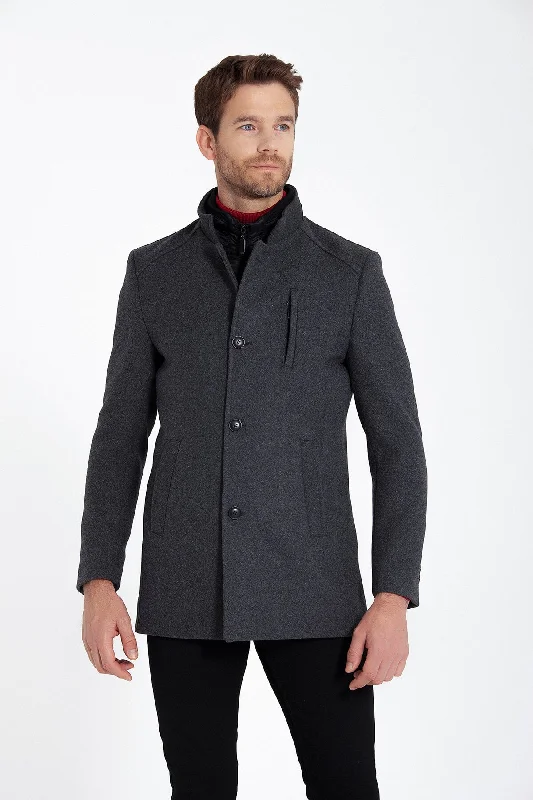 Minimal Comfort Slim Fit Stand Collar Textured Dark Gray Wool Blend Overcoat