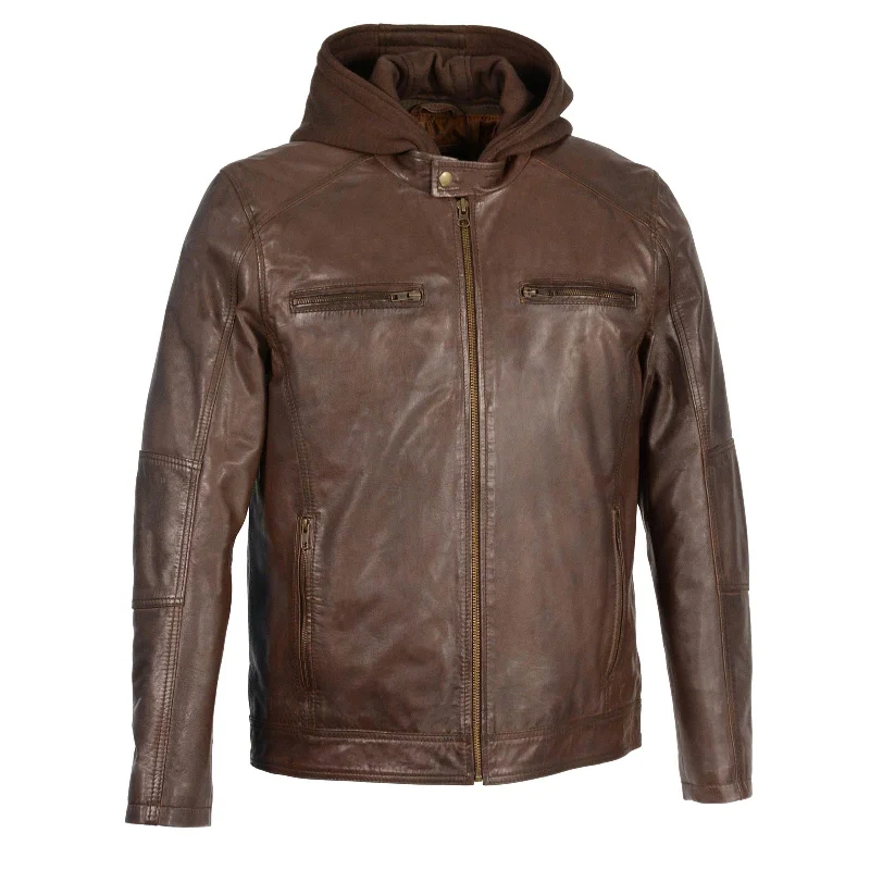 Soft Fabrics Milwaukee Leather SFM1850 Men's Broken Brown Snap Collar Motorcycle Style Fashion Casual Leather Jacket with Removable Hoodie Soft Fabrics Milwaukee Leather SFM1850 Men's Broken Brown Snap Collar Motorcycle Style Fashion Casual Leather Jacket with Removable Hoodie