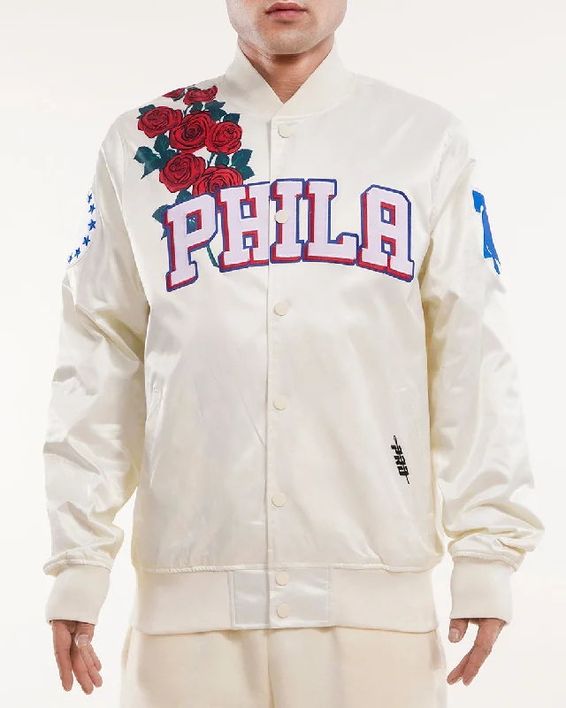 Cozy Chic NBA PHILADELPHIA 76ERS ROSES MEN'S SATIN JACKET (EGGSHELL / MULTI)