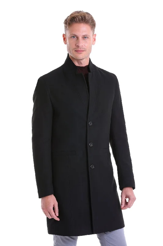 Printed Patterns Regular Fit Cachet Notch Lapel Black Overcoat