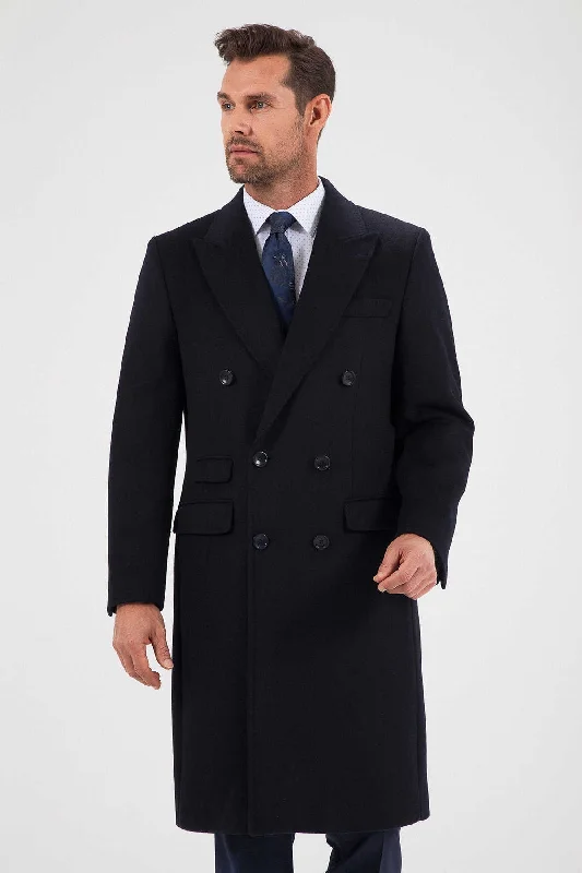 Simple Style Slim Fit Double Breasted Peak Lapel Wool Blend Navy Overcoat