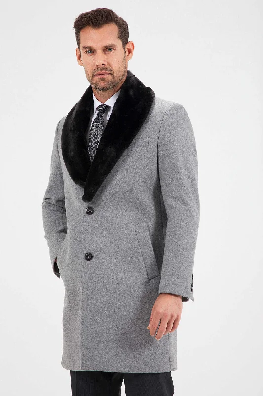 Relaxed Jackets Slim Fit Cachet Notch Lapel Wool Blend Beige Overcoat, Gray