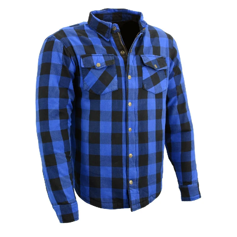Luxury Style Milwaukee Leather Men's Plaid Flannel Blue Biker Shirt with CE Approved Armor Reinforced w/Aramid Fiber MPM1634