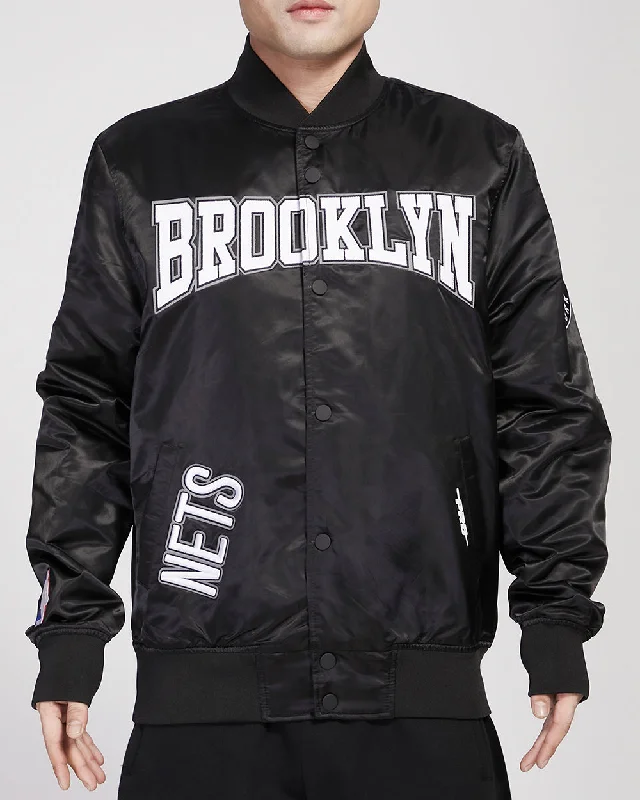 Elegant Outline NBA BROOKLYN NETS CREST EMBLEM MEN'S SATIN JACKET (BLACK)