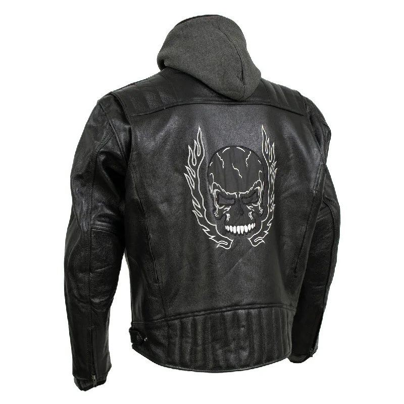 Romantic Temperament Xelement BXU573 Men's Black 'Alibi' Armored Leather Motorcycle Jacket with Skull Embroidery and Hoodie Romantic Temperament Xelement BXU573 Men's Black 'Alibi' Armored Leather Motorcycle Jacket with Skull Embroidery and Hoodie