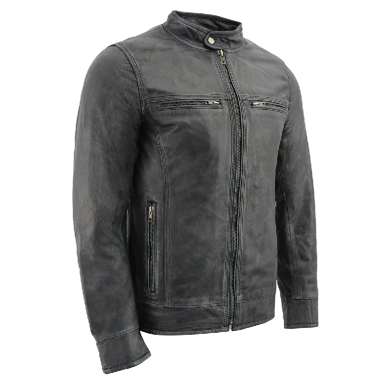 Autumn Selection Milwaukee Leather SFM1830 Men's 'Cafe Racer' Triple Stitch Black and Grey Leather Jacket Autumn Selection Milwaukee Leather SFM1830 Men's 'Cafe Racer' Triple Stitch Black and Grey Leather Jacket