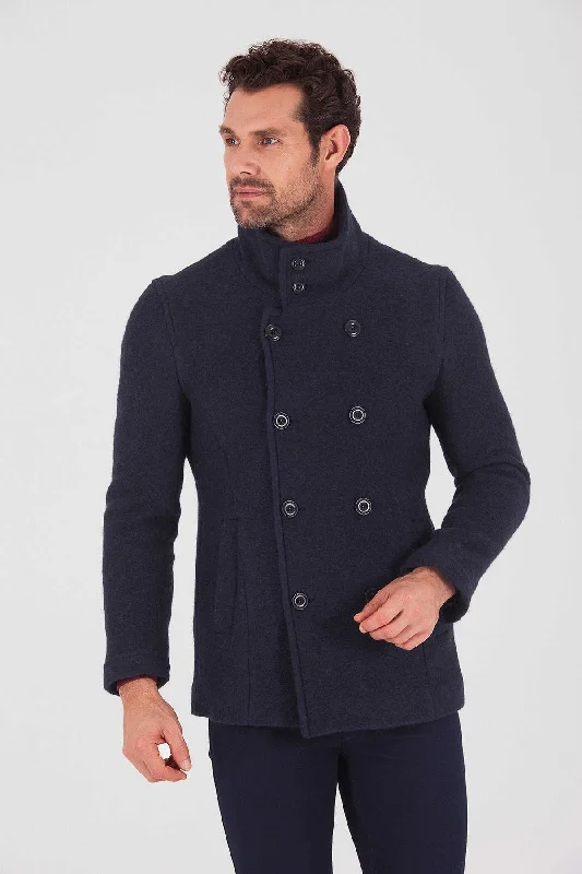 Comfortable And Simple Slim Fit Notch Lapel Alpine Wool Gray Overcoat, Navy 1