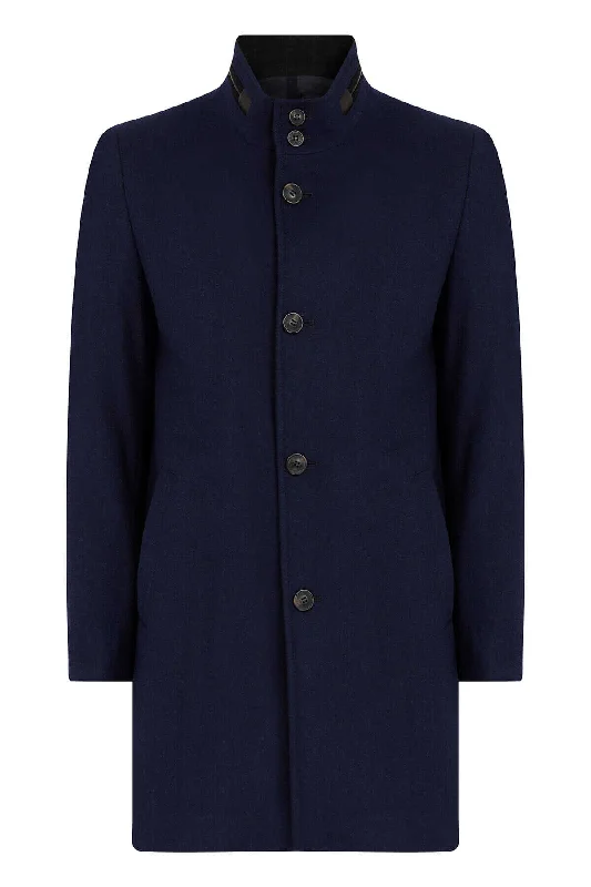 Fashion And Simplicity Slim Fit Notch Lapel New Terra Wool Navy Overcoat, Navy