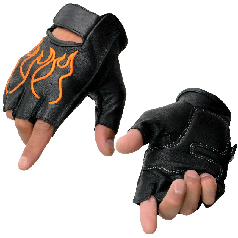 Personal Charm Milwaukee Leather SH198 Men's Black Leather Gel Padded Palm Fingerless Motorcycle Hand Gloves W/ ‘Orange Flame Embroidered’ Personal Charm Milwaukee Leather SH198 Men's Black Leather Gel Padded Palm Fingerless Motorcycle Hand Gloves W/ ‘Orange Flame Embroidered’