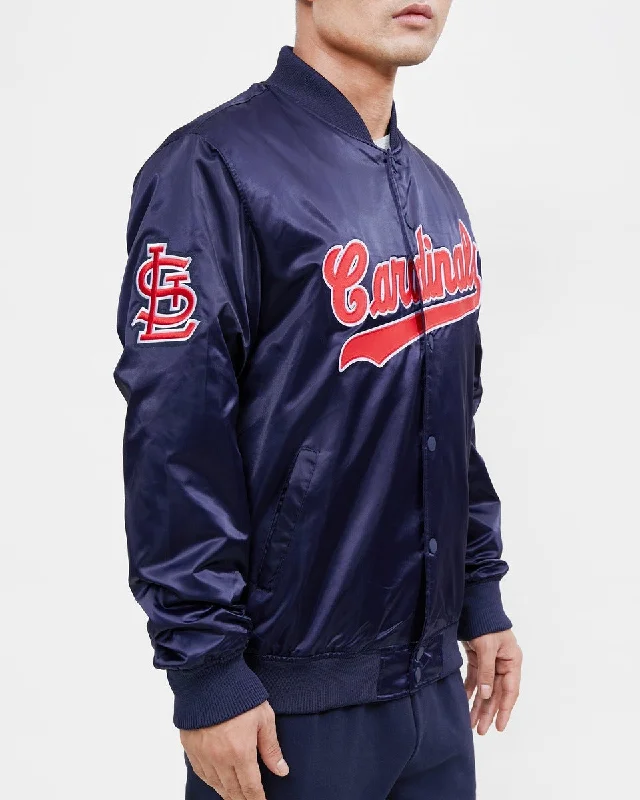 Stylish Ease MLB ST. LOUIS CARDINALS WORDMARK MEN'S SATIN JACKET (MIDNIGHT NAVY)