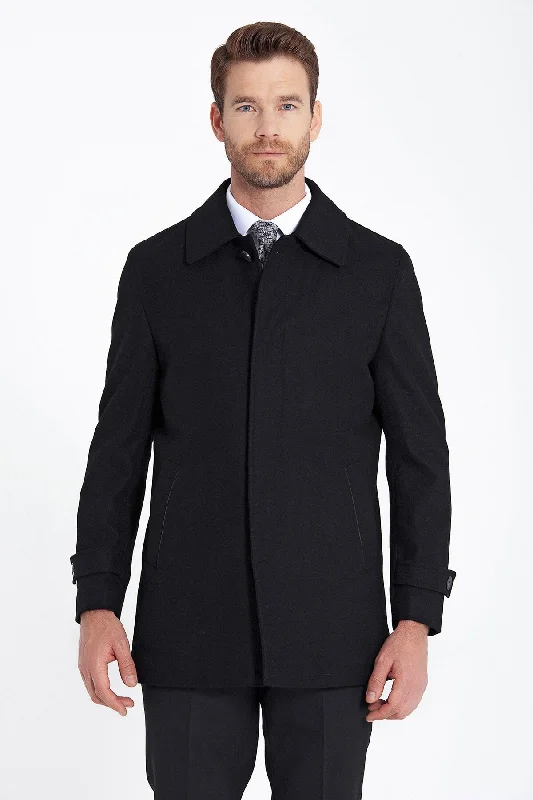 Exquisite Craftsmanship Regular Fit Flat Collar Wool Blend Black Coat