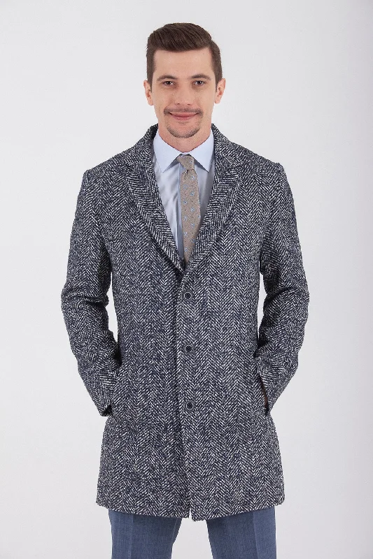 Trendy Looks Slim Fit Cachet Denver Notch Lapel Wool Blend Navy Overcoat, Navy D.