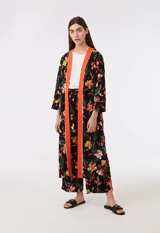 Warm Chic Outfits Printed Long Kimono With Contrast Tape