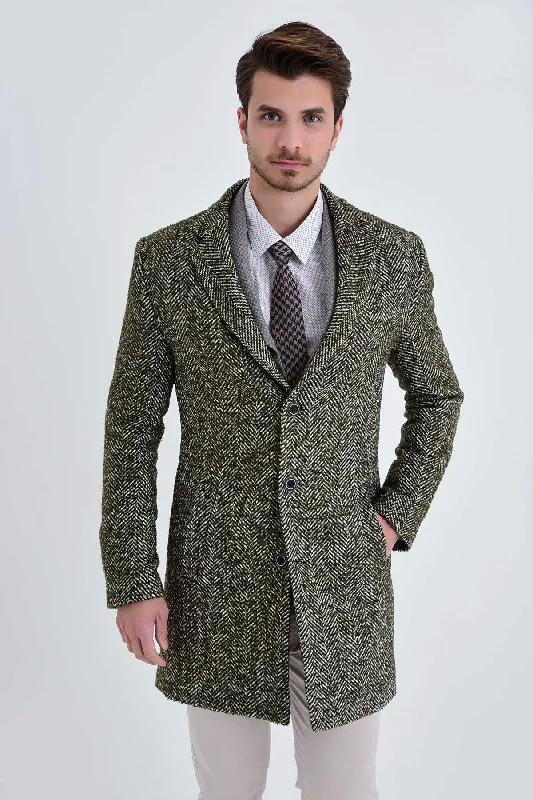 Stylish Casuals Slim Fit Cachet Notch Lapel Khaki Wool Blend Overcoat