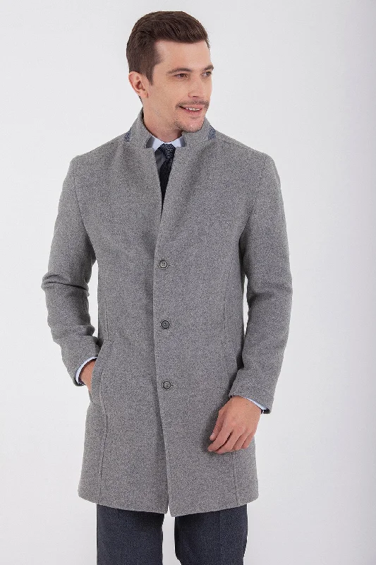 Hooded design Slim Fit Cachet Notch Lapel Wool Blend Navy Overcoat, Gray