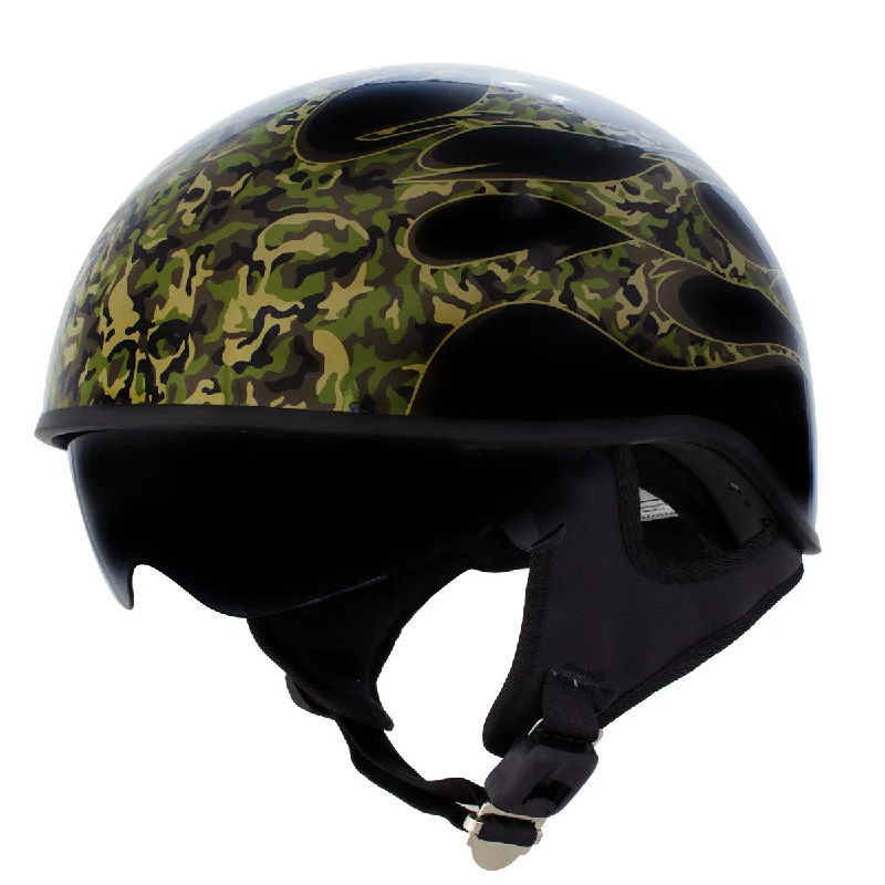 Fashion Wear Hot Leathers HLD1047 Gloss Black 'Camo Skull Flames' Advanced DOT Skull Half Helmet with Drop Down Tinted Visor Fashion Wear Hot Leathers HLD1047 Gloss Black 'Camo Skull Flames' Advanced DOT Skull Half Helmet with Drop Down Tinted Visor
