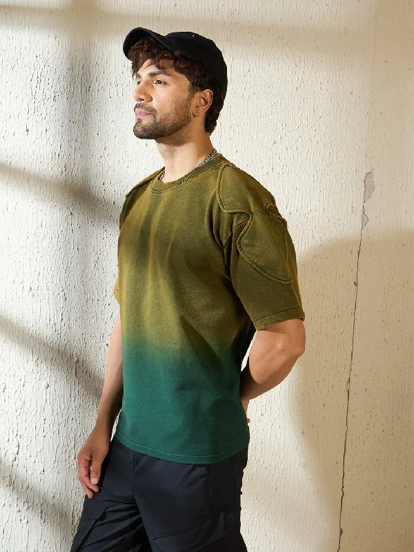 Comfortable Wear Khaki Ombre Padded Shoulder Oversized Tshirt