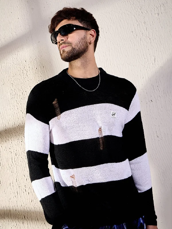 Warm Winter Series Black And White Damaged Striped Knitted Tshirt