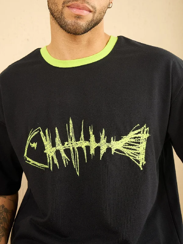 Minimalism Navy Fish Embroidery Oversized Tshirt