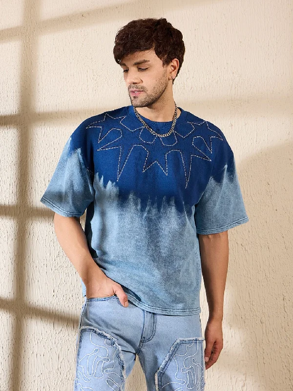 Smart Comfort Wear Blue Ombre Star Embroidery Oversized Tshirt