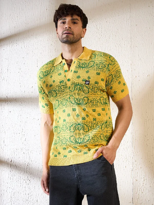 Soft Fabric Looks Lemon Paisley Knitted Polo Tshirt