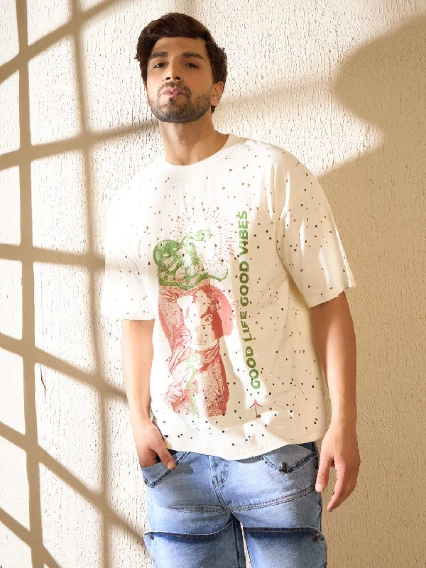 Effortless Comfort Ecru BulletHoles Graphic Overized Tshirt