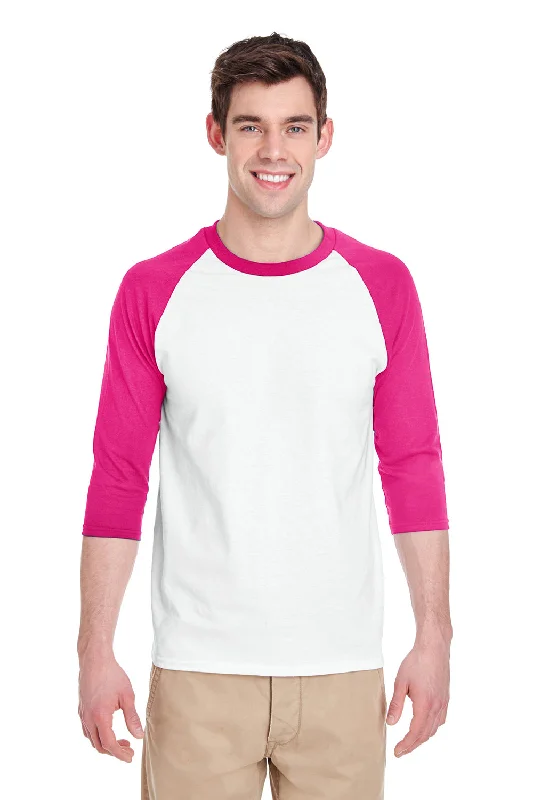 Modern Comfort Gildan Mens 3/4 Sleeve Crewneck T-Shirt - White/Heliconia Pink