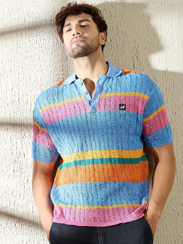 Warm Comfort Sky Striped Cable Knit Polo Tshirt