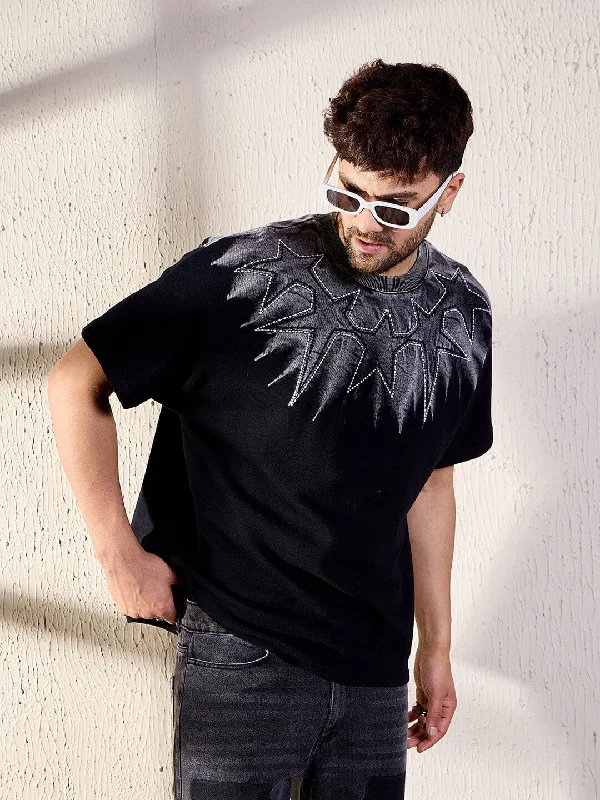 Elegant And Lazy Black Ombre Star Embroidery Oversized Tshirt