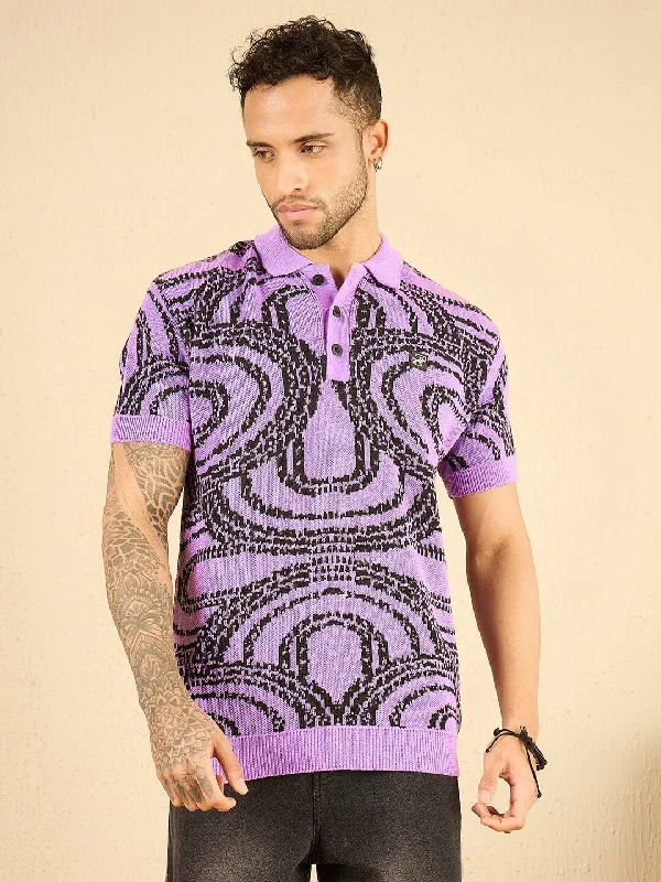 Outdoor Trend Purple Abstract Knitted Polo Tshirt