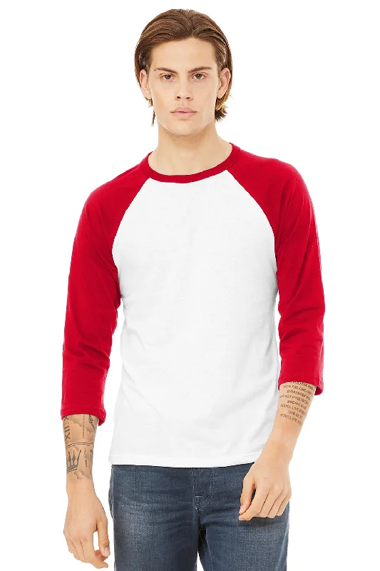 Classic Comfort Bella + Canvas Mens 3/4 Sleeve Crewneck T-Shirt - White/Red
