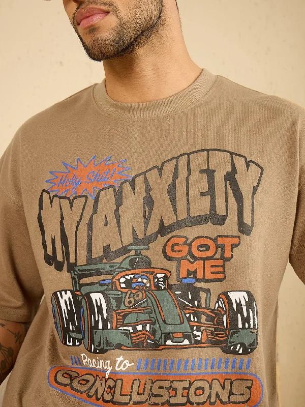 Romantic And Fresh Beige Racing Graphic Oversized Tshirt