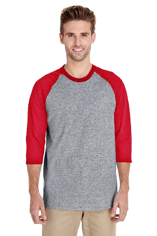 Embroidered Letters Gildan Mens 3/4 Sleeve Crewneck T-Shirt - Sport Grey/Red