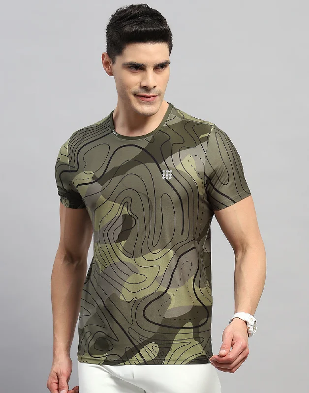 Retro Design Men Green Printed Round Neck Half Sleeve T-Shirt