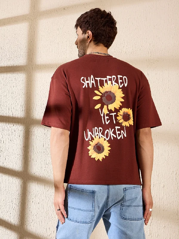Elegant Casuals Brown Sunflower Oversized Tshirt