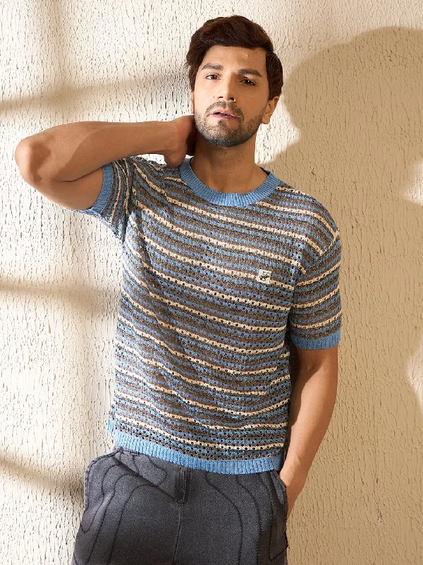 Effortless Dressing Blue Melange Striped Knitted Tshirt