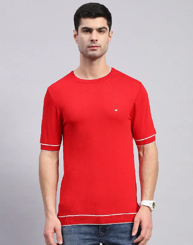 Simple Style Men Red Solid Round Neck Half Sleeve T-Shirt