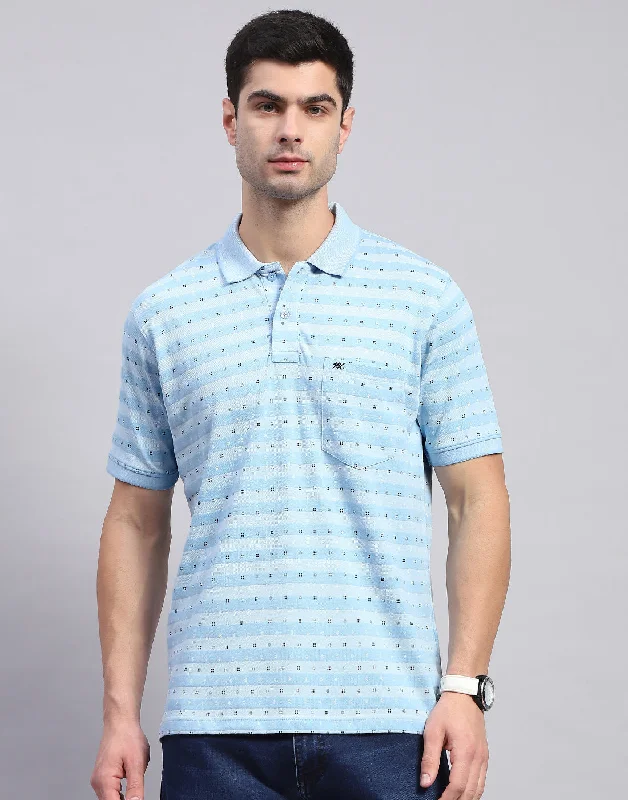 Soft Fashion Men Blue Printed Polo Collar Half Sleeve T-Shirt