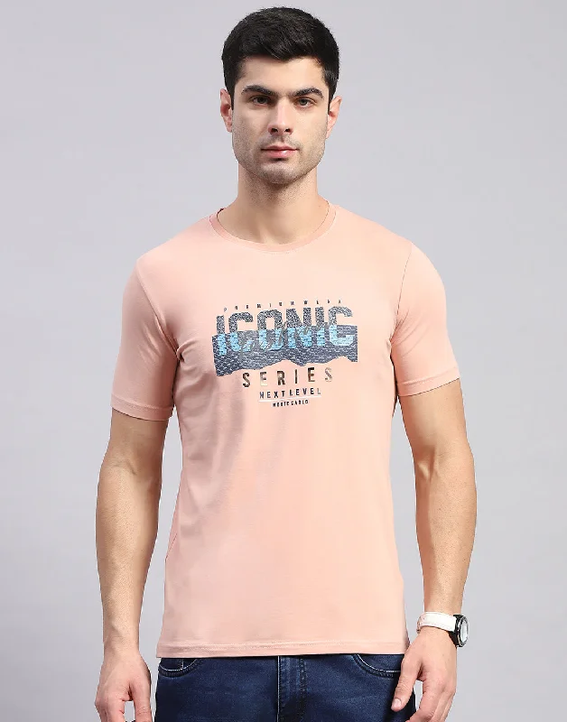 Sports Style Men Pink Printed Round Neck Half Sleeve T-Shirt