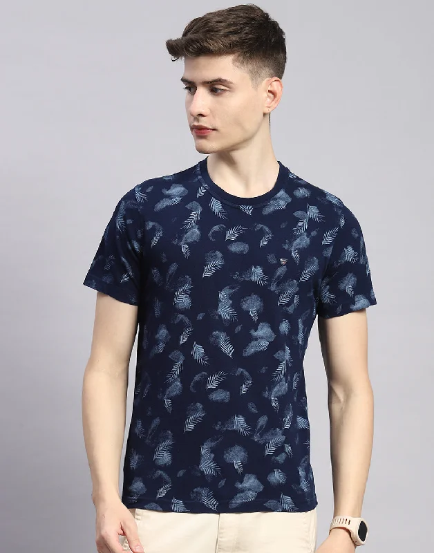 New Products Men Navy Blue Printed Round Neck Half Sleeve T-Shirt