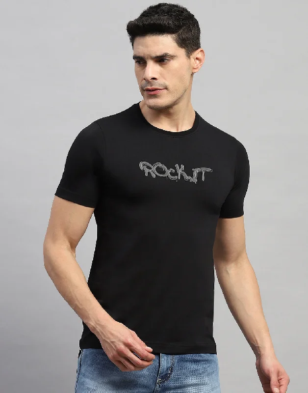 Multifunctional Style Men Black Solid Round Neck Half Sleeve T-Shirt
