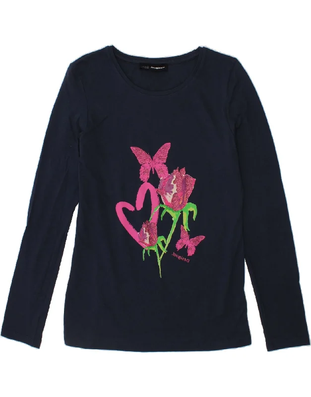 Comfortable Fashion Looks DESIGUAL Girls Graphic Top Long Sleeve 11-12 Years Navy Blue Floral Cotton