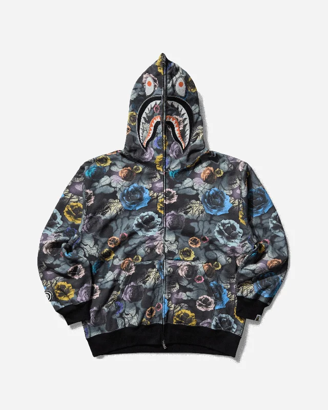 Minimal Style Men's Floral Camo Shark Full Zip Hoodie Black