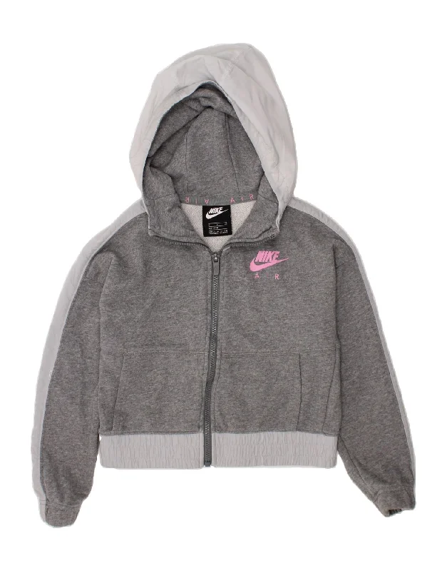 Easy Chic NIKE Girls Graphic Zip Hoodie Sweater 8-9 Years Small  Grey Colourblock