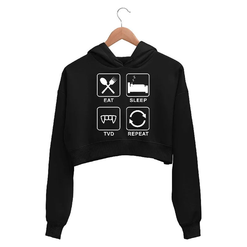 Cozy Fit The Vampire Diaries Crop Hoodie - Eat Sleep TVD Repeat