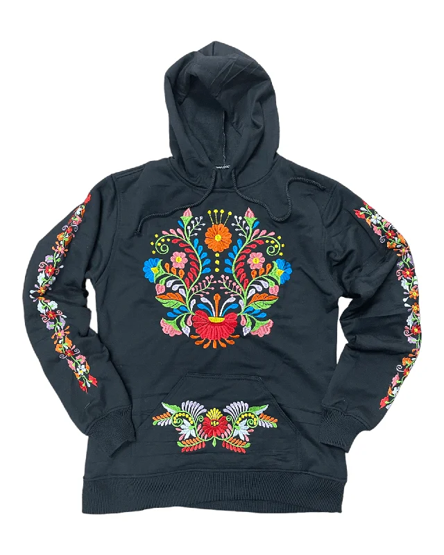 Comfortable Mind Mexican Floral Embroidered Hoodie Black