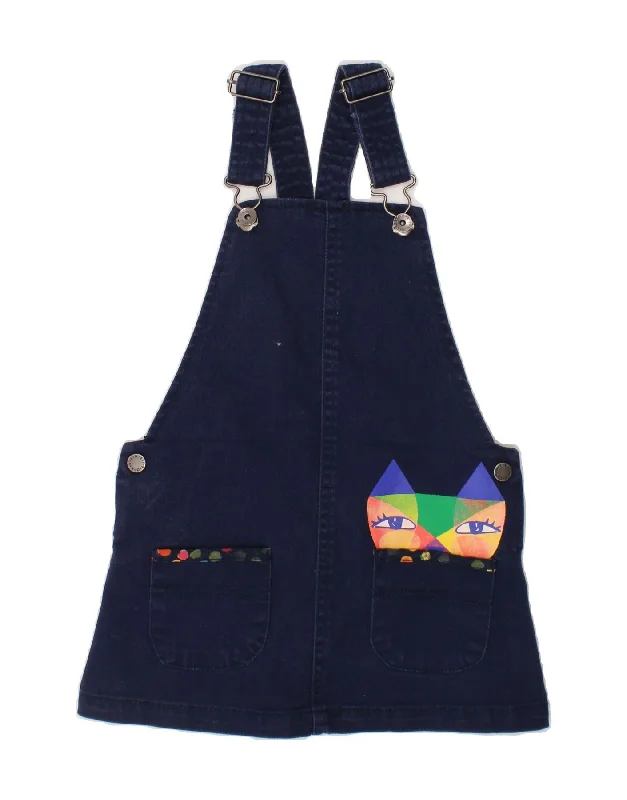 Carefree BENETTON Girls Graphic Denim Dungaree Dress 3-4 Years 2XS Navy Blue Cotton