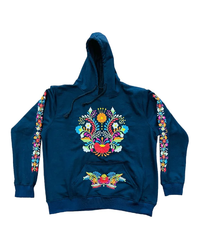 Bright Colors Mexican Floral Embroidered Hoodie Navy