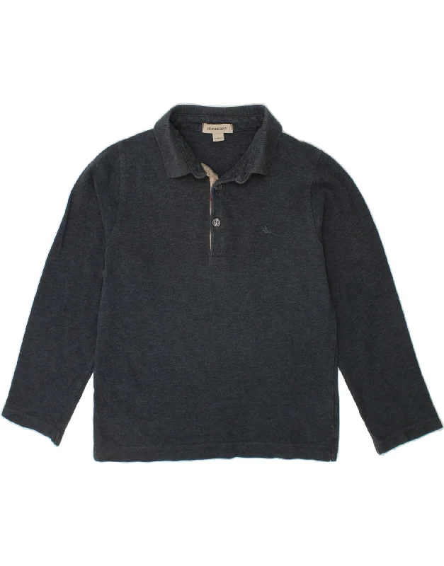 Street Charm BURBERRY Boys Long Sleeve Polo Shirt 7-8 Years Grey Cotton